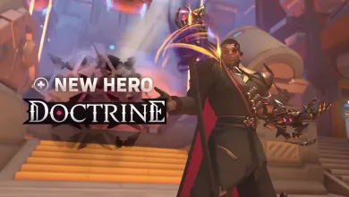 Overwatch character Doctrine, wearing red glasses and a dark outfit, raises one arm in a reveal image.