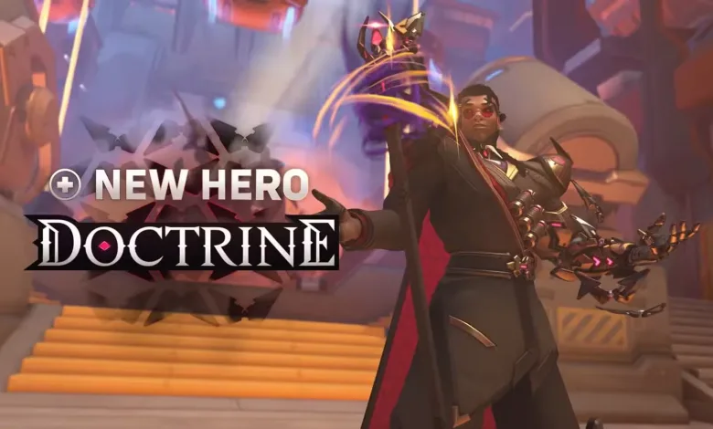 Overwatch character Doctrine, wearing red glasses and a dark outfit, raises one arm in a reveal image.