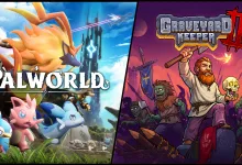 Split artwork shows Palworld creatures beside a graveyard keeper surrounded by undead from Graveyard Keeper 2.