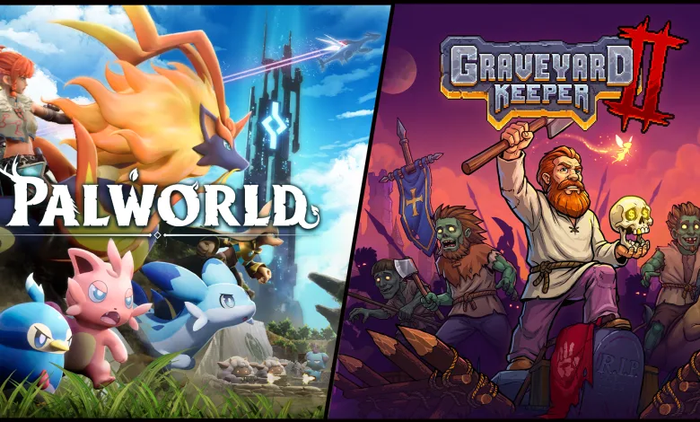 Split artwork shows Palworld creatures beside a graveyard keeper surrounded by undead from Graveyard Keeper 2.