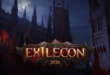 The ExileCon 2026 emblem appears over a dark fantasy cityscape.