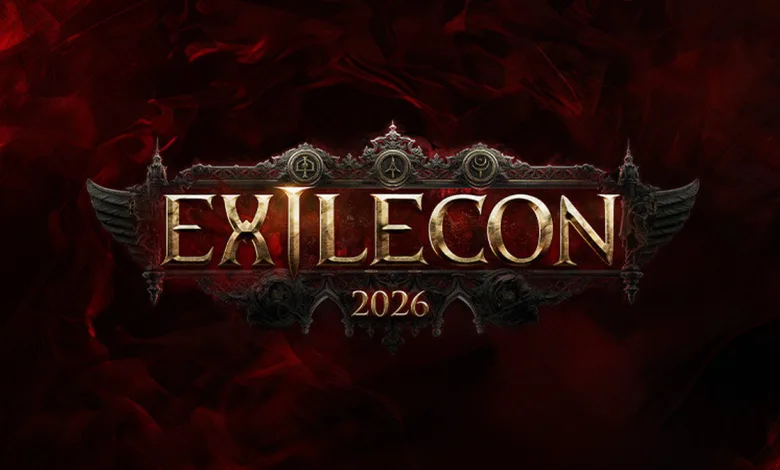 The ExileCon 2026 logo centered against a dark red background.