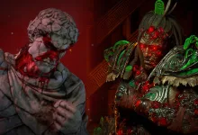 Two grotesque fantasy characters appear in Path of Exile 2 artwork, including a pale stone-textured figure and a green-armored figure.
