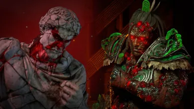 Two grotesque fantasy characters appear in Path of Exile 2 artwork, including a pale stone-textured figure and a green-armored figure.