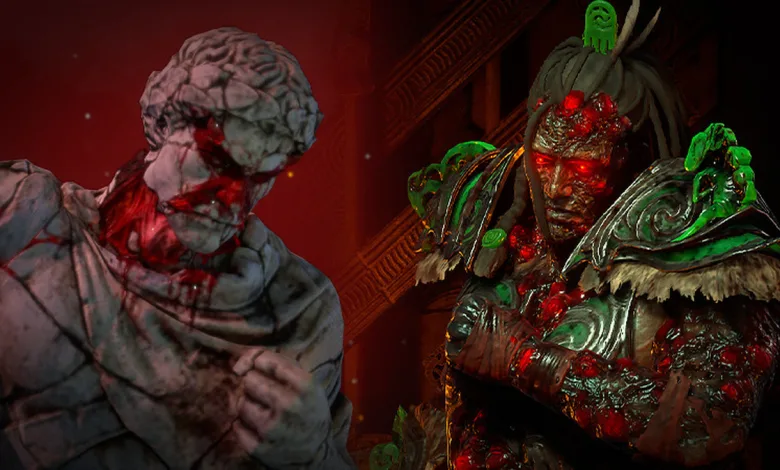 Two grotesque fantasy characters appear in Path of Exile 2 artwork, including a pale stone-textured figure and a green-armored figure.