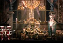 An armored figure sits on a throne in an ornate chamber in Path of Exile 2 artwork.