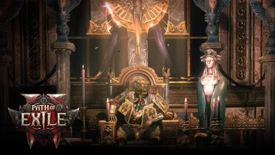 An armored figure sits on a throne in an ornate chamber in Path of Exile 2 artwork.