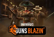 Masked PAYDAY 3 heisters in Western-style outfits pose with firearms and a tomahawk beneath the Guns Blazin' Crimebond logo.