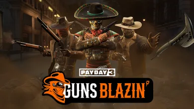 Masked PAYDAY 3 heisters in Western-style outfits pose with firearms and a tomahawk beneath the Guns Blazin' Crimebond logo.