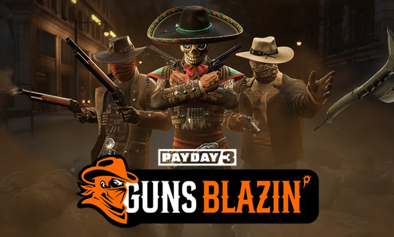 Masked PAYDAY 3 heisters in Western-style outfits pose with firearms and a tomahawk beneath the Guns Blazin' Crimebond logo.