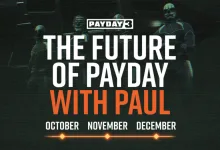 PAYDAY 3 roadmap graphic listing October, November, and December against a backdrop of masked heisters.