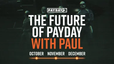 PAYDAY 3 roadmap graphic listing October, November, and December against a backdrop of masked heisters.