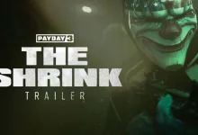 A masked PAYDAY 3 heister looms in green-tinted light beside the trailer title.
