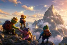 Four colorful backpacked climbers gather on a rocky ledge beneath a towering mountain, with glowing arcs linking points across the landscape.