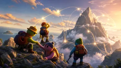 Four colorful backpacked climbers gather on a rocky ledge beneath a towering mountain, with glowing arcs linking points across the landscape.
