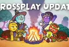 Colorful PEAK scouts sit around a campfire in a wooded clearing beneath a large Crossplay Update heading.
