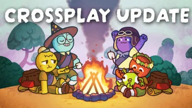 Colorful PEAK scouts sit around a campfire in a wooded clearing beneath a large Crossplay Update heading.