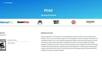 ESRB listing for PEAK showing its PlayStation 5 platform and E10+ rating.