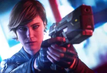 A woman in a dark tactical suit aims a pistol toward the camera against a bright, futuristic background.