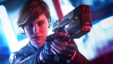 A woman in a dark tactical suit aims a pistol toward the camera against a bright, futuristic background.