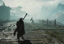 A lone warrior crosses a misty wooden bridge toward a distant figure.