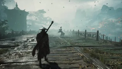 A lone warrior crosses a misty wooden bridge toward a distant figure.