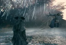 A Phantom Blade Zero warrior faces a floating figure in a wooded setting.