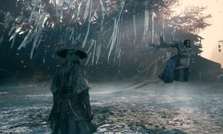 A Phantom Blade Zero warrior faces a floating figure in a wooded setting.