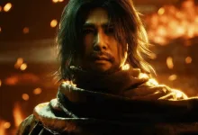 A long-haired warrior from Phantom Blade Zero in a firelit close-up.