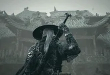 A silver-haired warrior in a broad hat stands before a traditional temple, with a sword strapped across his back.