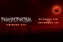 Red Phasmophobia Crimson Eye event artwork showing a blood-red moon over a dark field, with the event dates October 8 to November 1