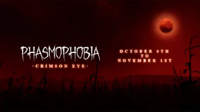 Red Phasmophobia Crimson Eye event artwork showing a blood-red moon over a dark field, with the event dates October 8 to November 1