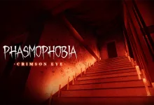 A red-lit staircase rises toward a doorway beneath the Phasmophobia Crimson Eye logo.