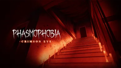 A red-lit staircase rises toward a doorway beneath the Phasmophobia Crimson Eye logo.
