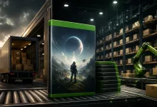 A green-edged Xbox game case and a stack of boxed games sit on a warehouse conveyor beside shipping boxes and a loading truck.