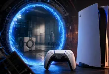A PlayStation 5 and controller beside a glowing blue portal into a test chamber.