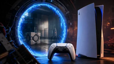 A PlayStation 5 and controller beside a glowing blue portal into a test chamber.