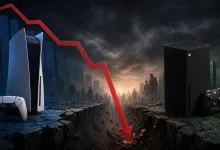 PlayStation 5 and Xbox Series X consoles sit on opposite sides of a deep crack as a red graph line plunges downward.