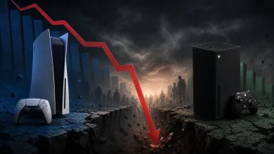 PlayStation 5 and Xbox Series X consoles sit on opposite sides of a deep crack as a red graph line plunges downward.