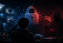 A gamer faces a glowing digital padlock and email symbol while a hooded figure works at a laptop, illustrating a PlayStation account takeover.