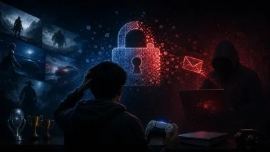 A gamer faces a glowing digital padlock and email symbol while a hooded figure works at a laptop, illustrating a PlayStation account takeover.