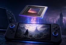 A black handheld gaming device showing a fantasy landscape beneath a glowing processor chip.