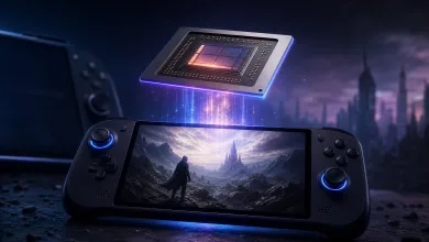 A black handheld gaming device showing a fantasy landscape beneath a glowing processor chip.