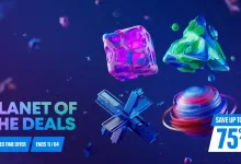 Colorful geometric objects and a ringed planet float against a blue space background beside Planet of the Deals sale text and an offer of up to 75% off.