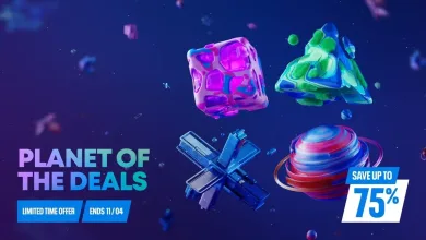 Colorful geometric objects and a ringed planet float against a blue space background beside Planet of the Deals sale text and an offer of up to 75% off.