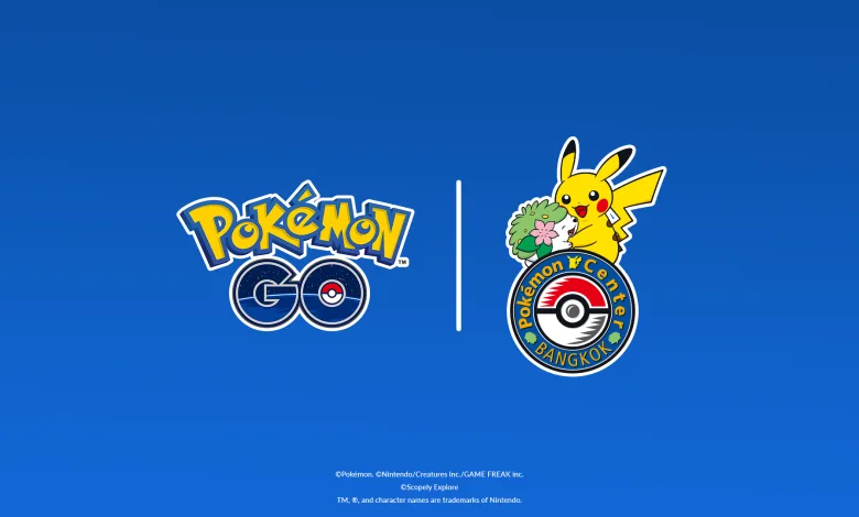 The Pokémon GO logo appears beside a Pokémon Center Bangkok badge featuring Pikachu and a flower.