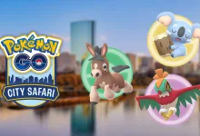 Pokémon GO City Safari artwork showing Eevee, Komala, and Hawlucha over a city skyline