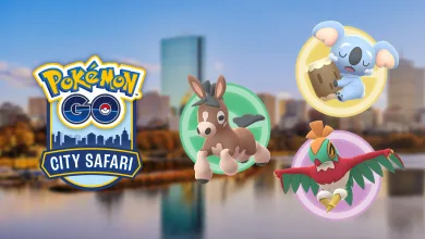 Pokémon GO City Safari artwork showing Eevee, Komala, and Hawlucha over a city skyline