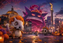 A marigold-crowned Cubone stands before a giant purple Gengar as Duskull float through a candlelit Mexico City street decorated for Día de Muertos.