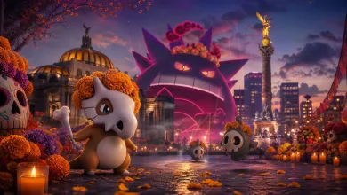 A marigold-crowned Cubone stands before a giant purple Gengar as Duskull float through a candlelit Mexico City street decorated for Día de Muertos.